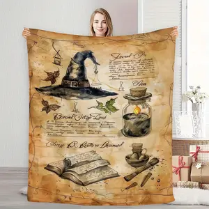 Magic Book Flannel Blanket - Wizard Hat, Potion and Book Design, Bohemian Style, Brown, Suitable for Fantasy Enthusiasts, All-Season Comfortable Home Decor, Machine Washable, Book Lover Gift 280g/m²