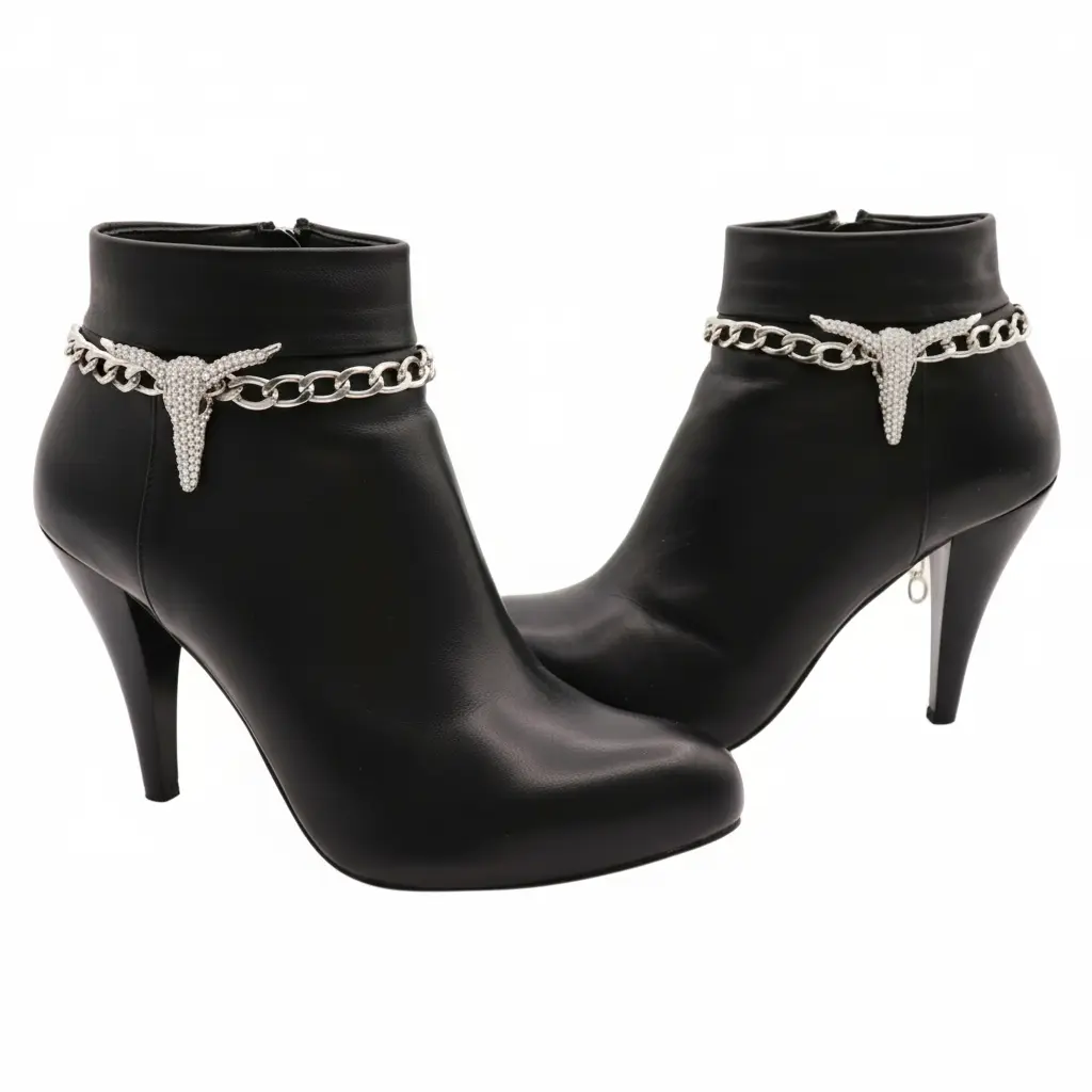 Women's 2PCS Silver Metal Boot Chain Bracelet Shoe Anklet Bling Long Horn Bull Charm Set Texas Cow Fashion Jewelry BC34 Western Cowgirl Accessory