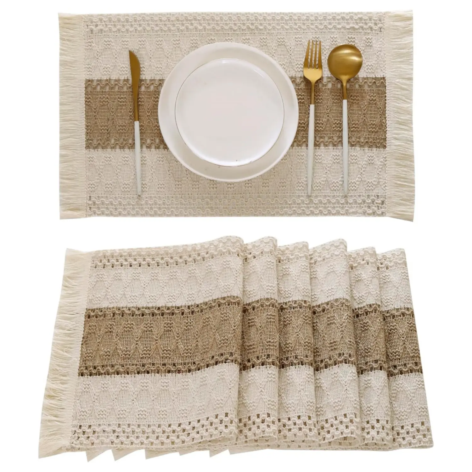 Bohemian 6-Pack Reusable Cotton Burlap Placemats & Macrame Coasters, Washable Durable Heat-Resistant Rectangle Fringed Tableware, Natural Woven Indoor Farmhouse Kitchen Dining Table Centerpiece for Spring Decor