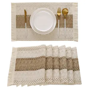 6 Pack Boho Placemats Macrame Table Decor with Fringe Farmhouse Woven Placemats in Natural Burlap for Kitchen Dining Table Centerpiece Spring Home Decorations