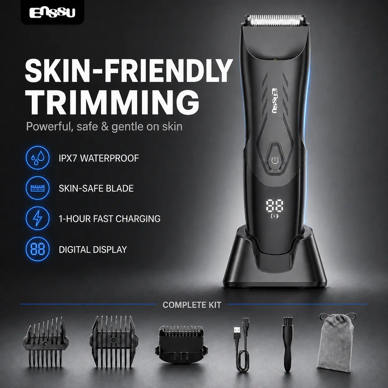 Enssu Men Body Hair Trimmer, Waterproof Electric Groin Hair Trimmer with Ceramic Blade, LED Power Display, Rechargeable Pubic Hair Shaver for Men Personal Grooming
