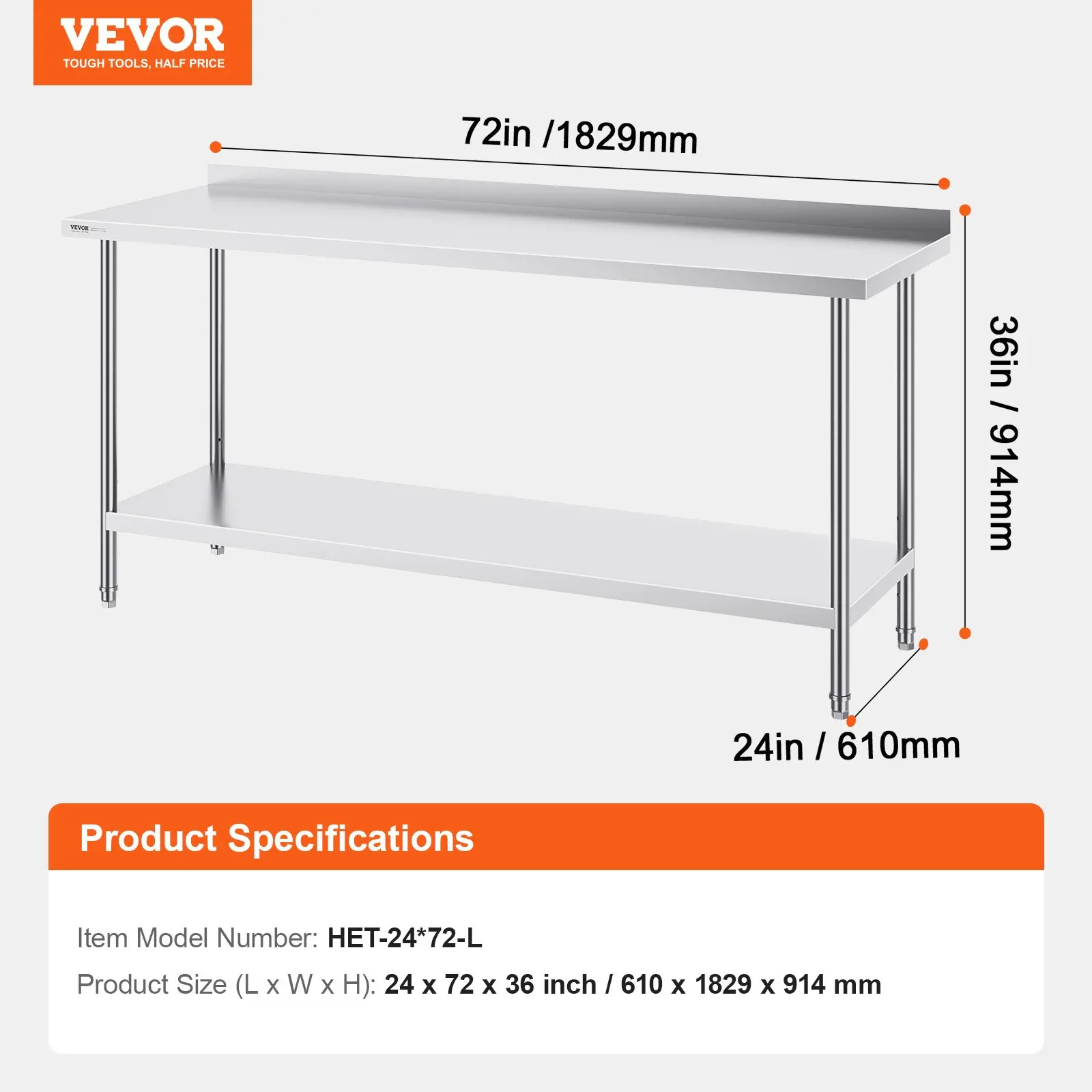 【DealsForYouDays】  VEVOR 24x 72x 36 Inch Stainless Steel Work Table, Commercial Food Prep Worktable Heavy Duty Prep Worktable, Metal Work Table with Adjustable Height for Restaurant, Home and Hotel