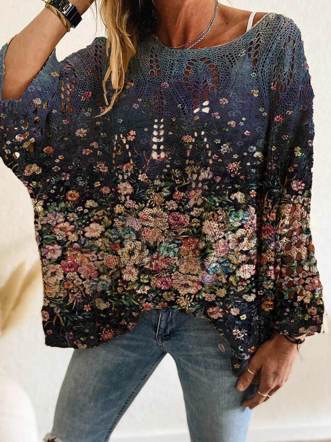 Women's Casual Chic Knit Top, Light, Colorblock, Floral Print Pattern, Long Sleeve Batwing Design, Perfect for Spring & Summer, Ideal for Daily Wear, Knitwear, Knitted