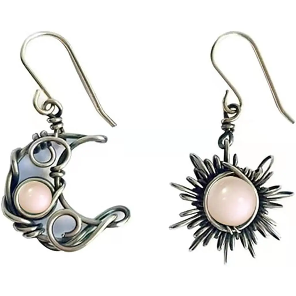 Boho Sun and Moon Drop Dangle Hook Earrings, Asymmetrical Celestial Jewelry with Opal and Moonstone in Antiqued Silver for Women, Drop Earrings, Female