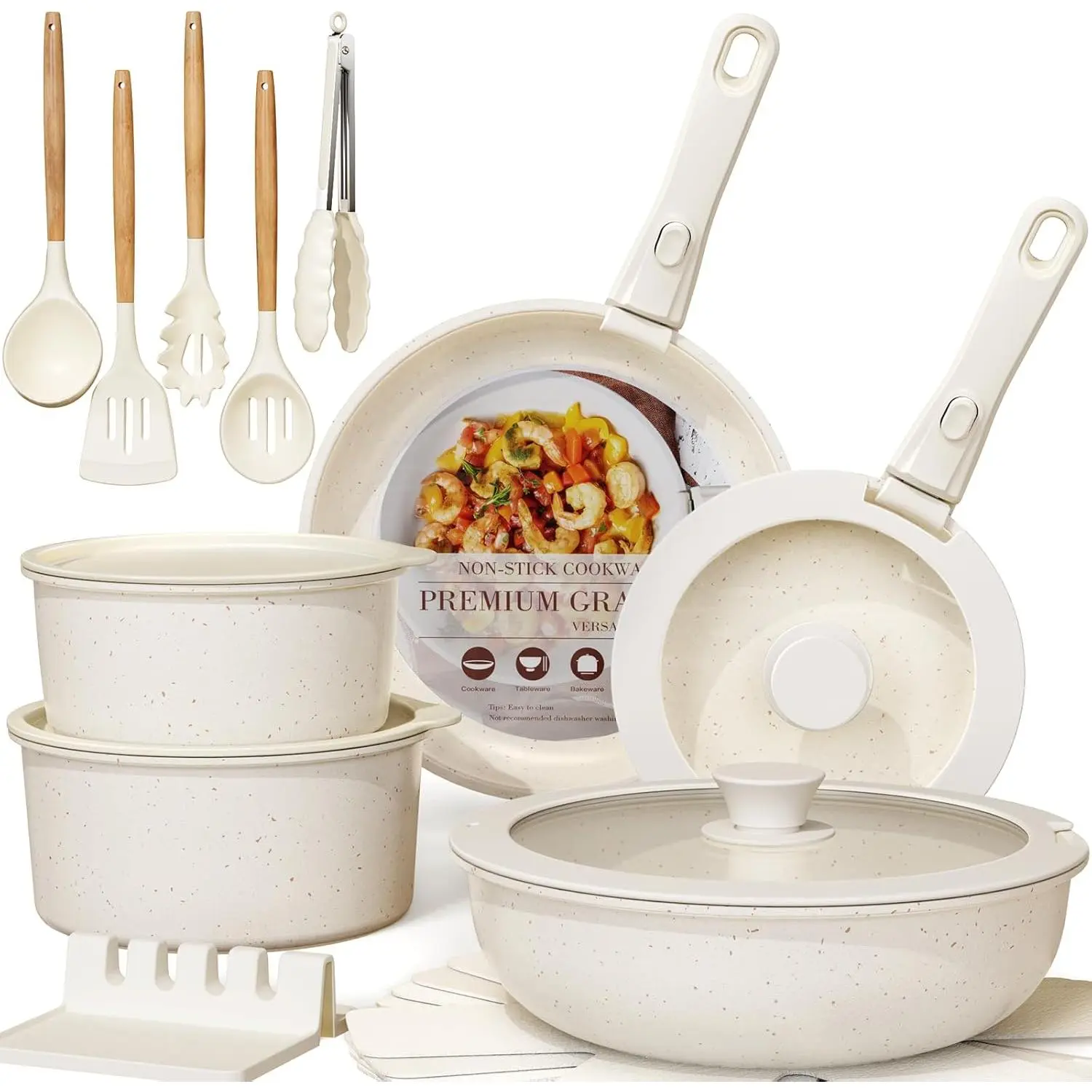 Detachable Handle, RV Kitchen Non Stick Cooking Set Removable Handles, Oven Safe, Induction Ready, Stackable, Cream White