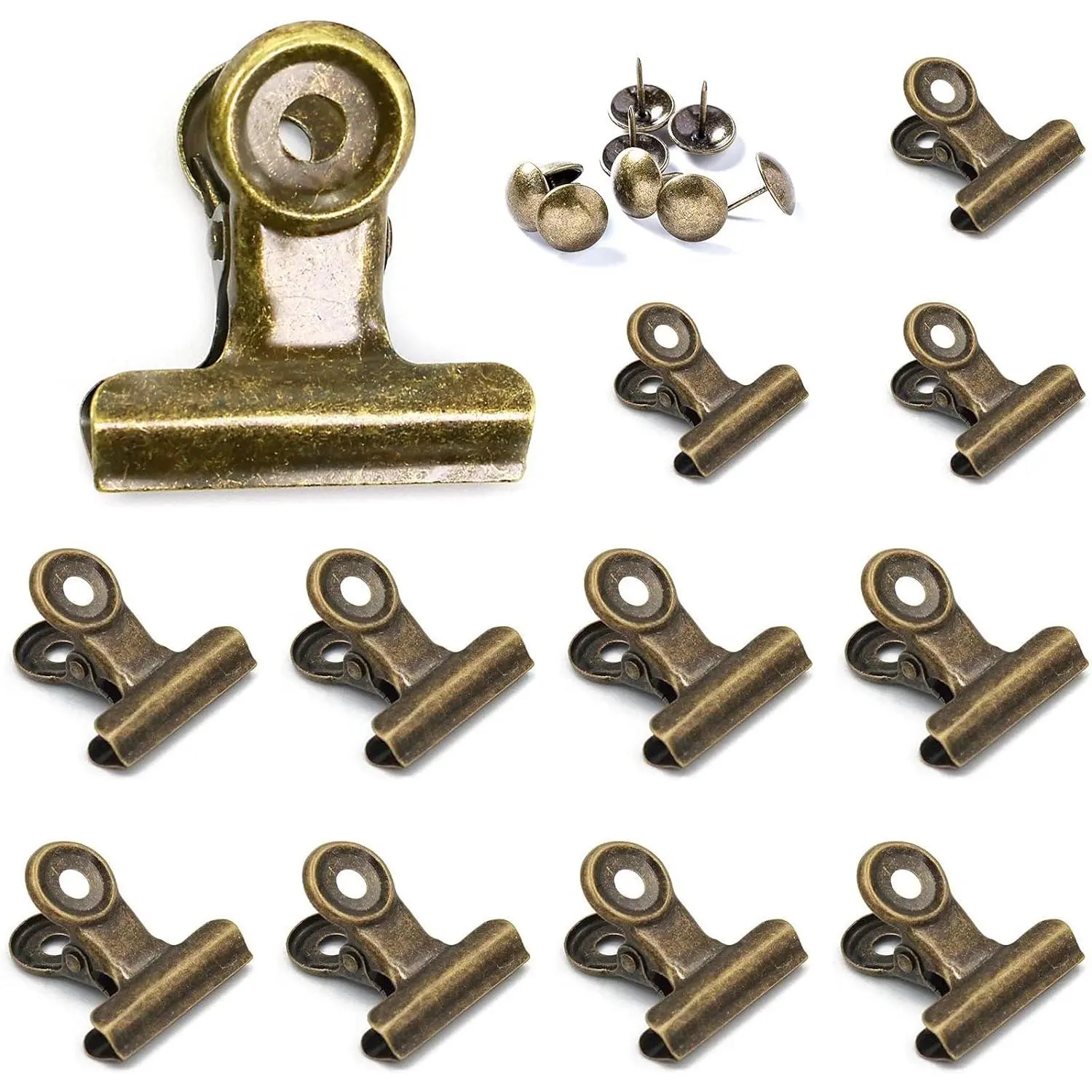 12 Pack Metal Clips with 12 Push-pins for Corkboard,Bulldog Clips for Hanging Pictures,Small Hinge Clips for Crafts,Mini Binder Clips Paper File Clamps for Office School(Bronze,1.5inch)