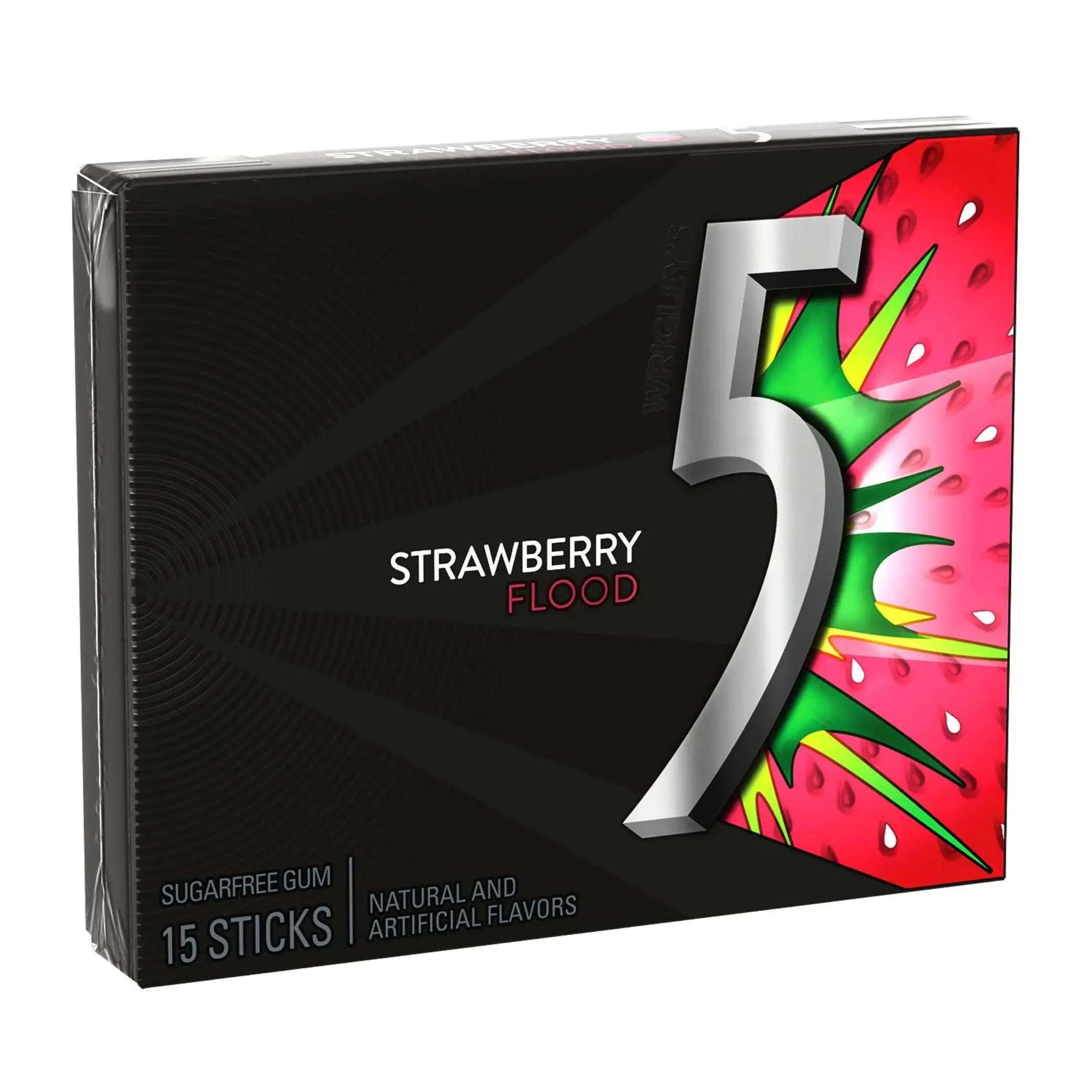 Wrigley's 5 Gum Strawberry Flood Chewing Gum - 5 Pack, 15ct Each, Sweet Juicy Fruity Flavor, Fat-Free, Sodium-Free, Fresh Breath Snack Candy, All Ages
