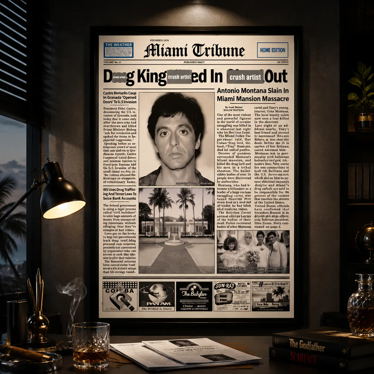 Pacino Tony Montana Newspaper Poster Print Scar Face Trendy Wall Art Canvas Collectible Gift for Movie Enthusiasts High-Quality Solid Wood Waterproof Design, Mafia Movie Poster, Gangster Canvas Wall Art, Man Cave Decor, Gift for Him, Office Decor