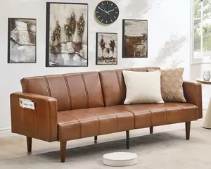 75 Inch Futon Sofa Bed - Convertible Sleeper Sofa with Adjustable Backrest - Loveseat Small Sofa Bed with Side Pockets - Mid Century Modern Futon Couch - Brown PU Leather Couch for Living Room