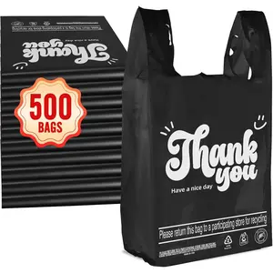 500 Count - Thank You Plastic Tshirt Bags Black (11.5" x 6.5" x 21"), T-shirt, Grocery, Take Out, To Go, Retail Shopping Bags in Bulk for Small Business