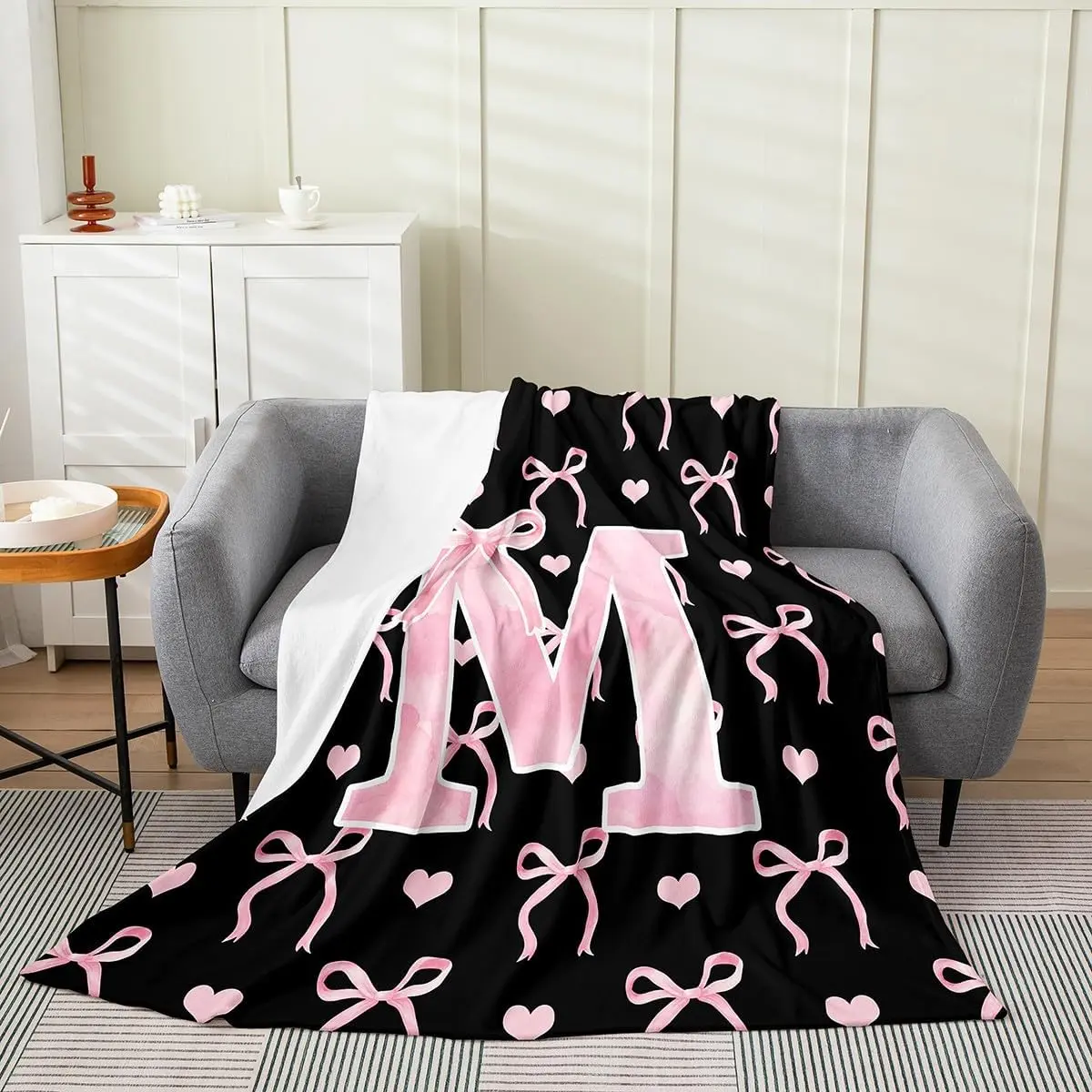 Custom Monogrammed A-Z Initial Flannel Weave Pink Throw Blanket - Cute Alphabet Print, Personalized Colorful Whimsical Blanket, Multi-Size Bedding Gift for Girls, Bedroom & Everyday Use, Custom Blanket