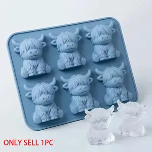 1pc Mini Highland Cow Ice Cube Mold, Adorable 3D Cute Cow Silicone Ice Tray with 6 Cavities, Funny Reusable Farm Animal Dessert Mold for Whiskey, Drinks, Parties, Bar, Birthday & Gift, Whiskey Ice Cube Molds, Utensils