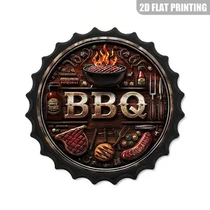 Vintage BBQ Bottle Cap Metal Tin Sign, Retro Wall Decor with 13.7'' Frame, Ideal for Backyard, Man Cave, Bar, Patio