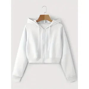 Zip Up Cropped Drawstring Hoodie, Casual Long Sleeve Sweatshirt For Spring & Fall, Women's Clothing Minimalist Short Basic Comfort Womenswear Fabric Polyester Tops Zipper