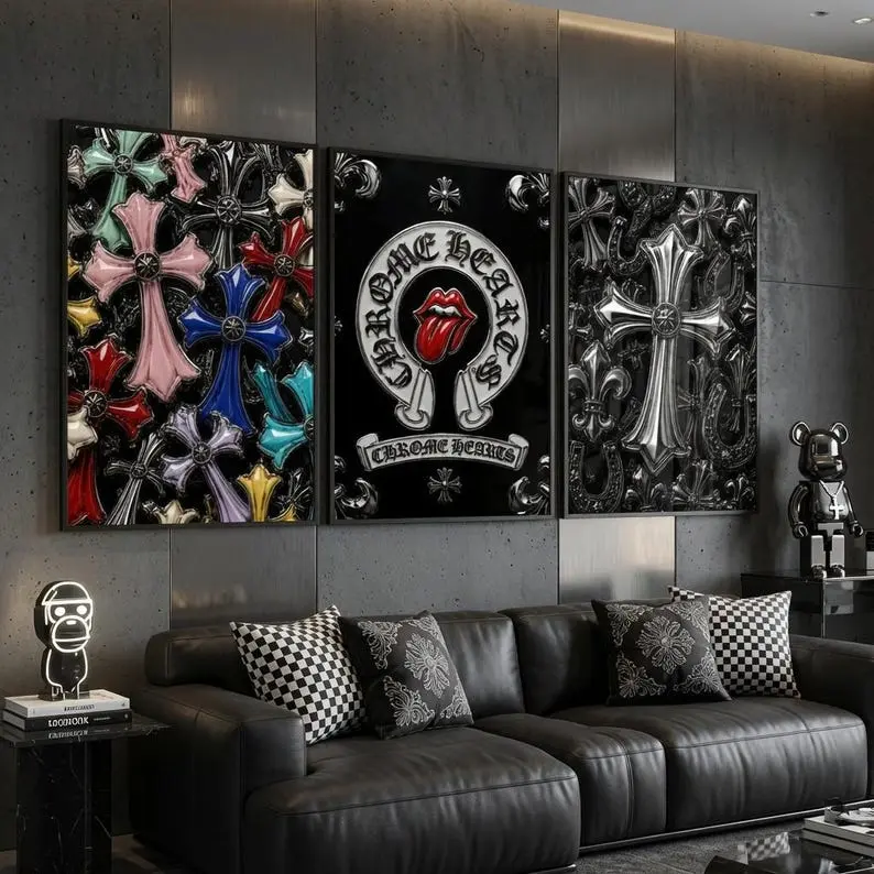 Chrome Hearts Hypebeast Wall Art Poster Print Paper Unframed Set of 3, Color Gothic Cross Art, Luxury Hypebeast Room Decor,Y2K Room Decor,Silver Chrome Prints