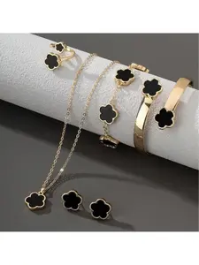 Flower Design (5-piece set), 2025 Summer Clothing Women's Solid Color Bracelet Necklace Bracelet Ring Bracelet, Party, Daily Clothing Decoration, Birthday Gift Jewelry, Party Preparation Bracelet, Fashion Bracelet