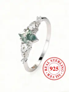 S925 Sterling Silver Rings for Women Seaweed Agate Engagement Ring, Birthday & Anniversary Gift, Elegant Jewelry Accessory, Unique Rings(with Box)