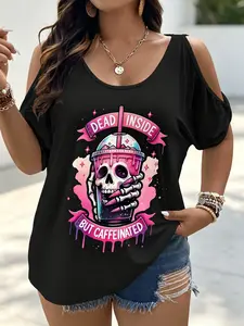 Plus Size, Women's Oversized Gothic Coffee Cup & Dead Inside Slogan T-Shirt - Cold Shoulder Strapless Top with Asymmetrical Hem, Plus Size Casual Retro Blouse for Casual Attire, Funny Sarcastic Gift for Coffee Lovers Women