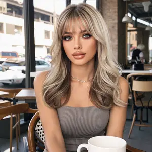 Women's Synthetic Hair Full Machine Wig - European & American Style, Wavy Medium-Long Length, Bangs, Gradient Layers, Linen Golden-Brown Highlights, Naturally Voluminous, Full Machine Wigs Silky Top Wig Platinum Blonde Wig Soft Curly Wig