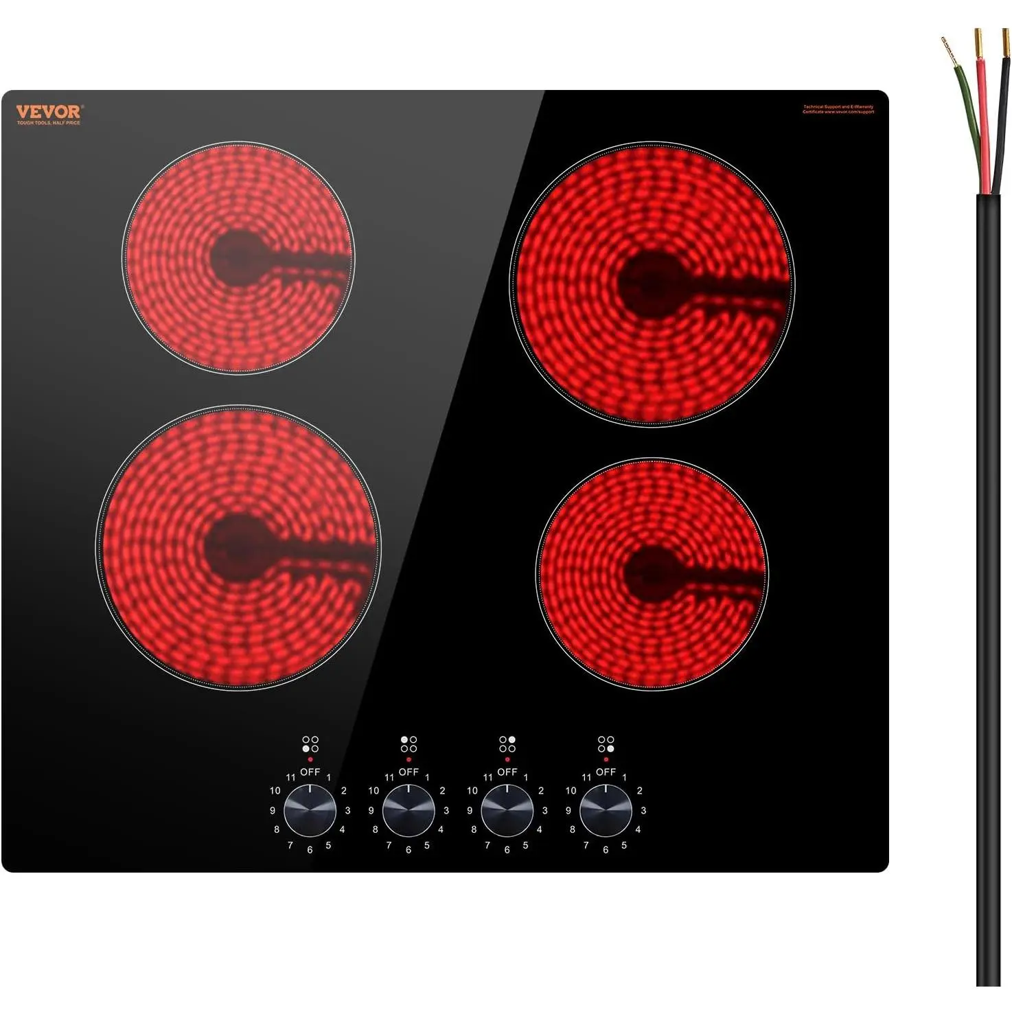 VEVOR 24-inch 4-Burner Built-in Electric Ceramic Cooktop, 220V Glass Panel Stove Top with Knob Control, 11 Heat Levels for Christmas, Thanksgiving, Easter Use with Cast Iron Pans, Suitable for Pregnant Women, Elderly, Safety Protections