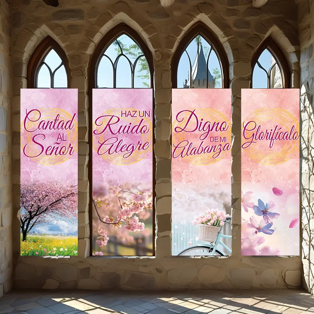 4 Pcs Religious Banners, Polyester Material Spring cherry blossom religious vertical banners with praise the lord text suitable for church gatherings home spiritual devotion decoration wall hanging decor for religious celebration scenarios