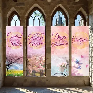 4 Pcs Religious Banners, Polyester Material Spring cherry blossom religious vertical banners with praise the lord text suitable for church gatherings home spiritual devotion decoration wall hanging decor for religious celebration scenarios
