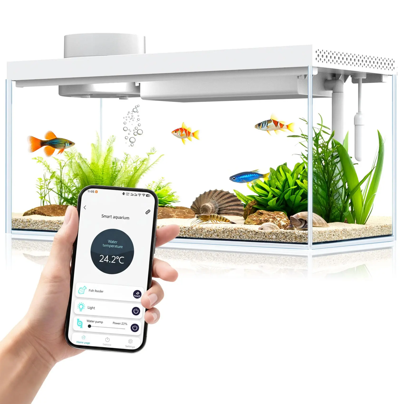 Smart Desktop Aquarium Set with APP Control, 1.3 Gallon/5L Glass Fish Tank, Automatic Feeder, RGB LED Lights, Temperature Monitor, Self-Cleaning Filter