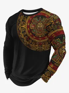 Men's Ethnic Wind Totem Long Sleeve Top, Casual Comfortable Graphic Tee, Fitted Design for Daily Commute and Travel