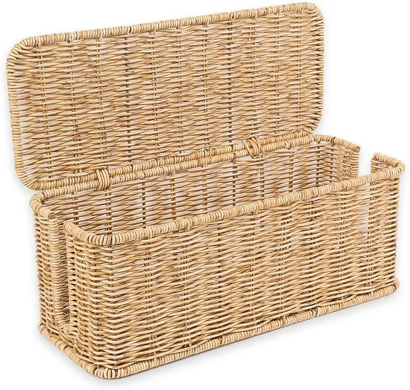 Natural Handmade Rattan Cable Management Box with 2 Open Slots - Synthetic Cord Hider for Power Strip, Router, U.S. Design Patent (D1,112,102), 13"×5.1"×5.1" Home Organizer Storage Bin, Decorative