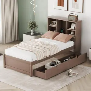 [Bellemave]Modern Twin Size Bed Frame With Built-in USB Port on Bookcase Headboard and 2 Drawers for White Washed Color