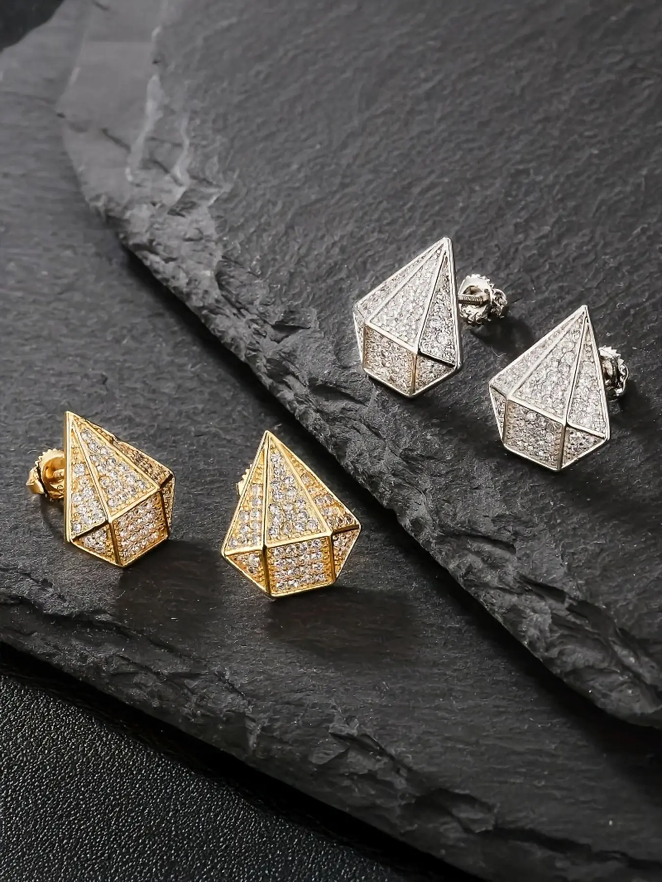 ICED CHICS unique diamond-shaped geometric pyramid stud earrings, made of copper inlaid zircon, hip-hop street style, suitable for both men and women, couple style, can be set, Unique Design Earrings, High Quality Earrings Studs Earrings