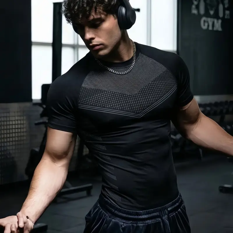 Men's Quick-Dry Compression T-Shirt, Short Sleeve, Cool Graphic Print, High Stretch, Breathable & Sweat-Wicking, Quick Dry Activewear, Gym Apparel, Ideal for Gym, Running, Outdoor Training & Casual Wear