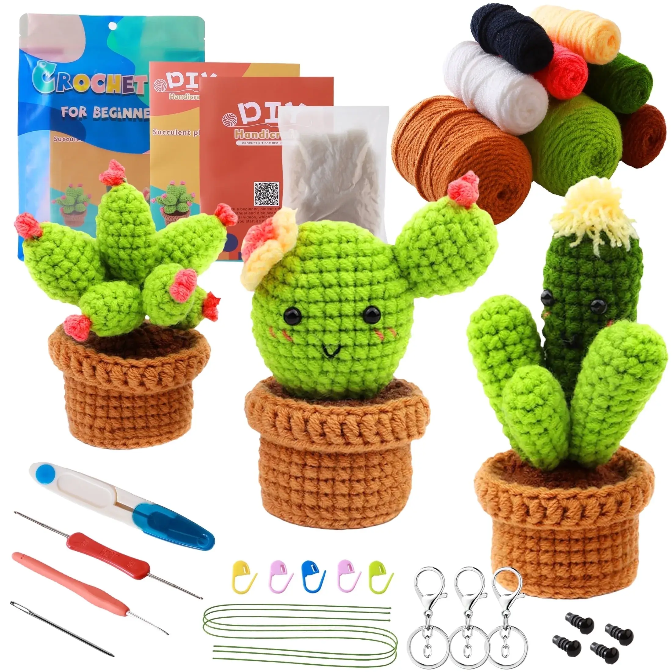 Yalumo Crochet Kit for Beginners, Crochet Starter Kits for Adults with Step-By-Step Video Tutorials, 3 Pcs Cactus Plants Family Crochet Kit with Crochet Accessories