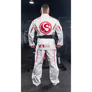 Albino Shredder Gi - White & Red Martial Arts Uniform with Z-Flex Panels & Triple Stitched Lycra for Jiu-Jitsu, Karate, Taekwondo