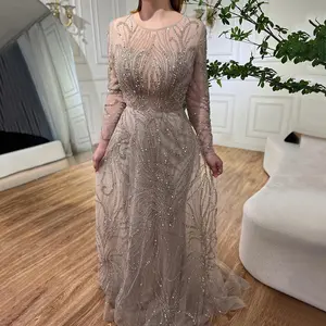 Caramel A-Line Luxury Evening Gown 2025: O-Neck, Long Sleeve, Beaded for Women's Party