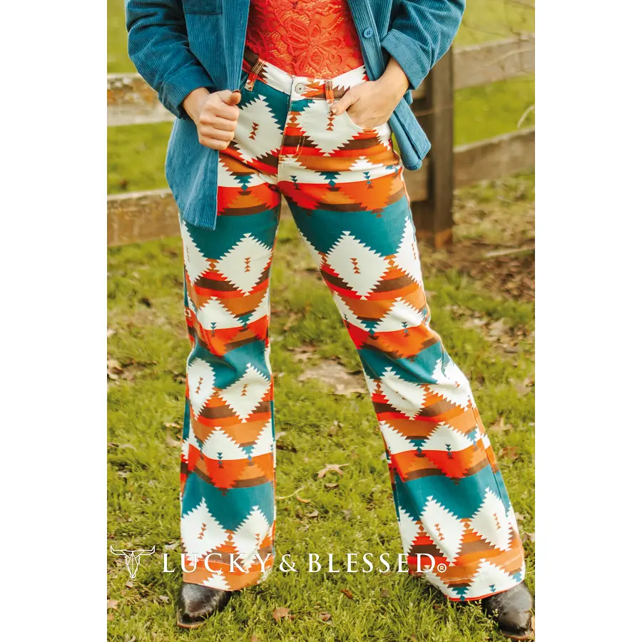 Teal Red Aztec Printed Wide Leg Jeans (Tummy Control)