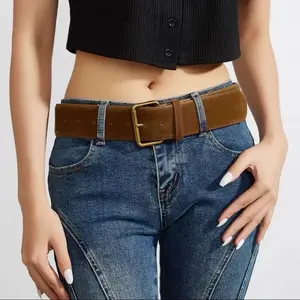Women's Luxury Design Suede Leather Wide Belt Casual Versatile Waist Strap Trendy Pin Buckle Brown Color
