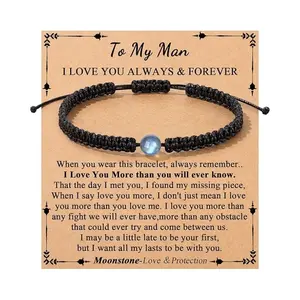 Moonstone Healing Crystal Beads Braided Bracelet I Love You to the Moon and Back Gift for Men Women