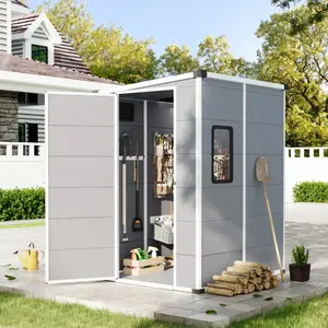 5X4 FT Outdoor Storage Shed, Weather-Resistant Shed With Lockable Double Doors & Built-In Floor, Sloped Roof Outdoor Shed For Backyard, Patio & Lawn, Gray