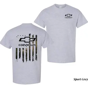 Chevrolet Camo Flag T-Shirt, Distressed American Flag with Chevy Logo, Sport Grey Tee for Patriotic Truck Owners, Rugged Outdoor Style for Chevy Fans