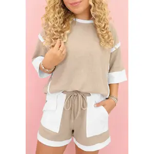 Women's 2-Piece Casual Comfy Cotton Clothes Set - Oversized Shortsleeve Beige Raw Edge Color Block Patchwork Tee & Drawstring Loose Shorts, Women's Clothes