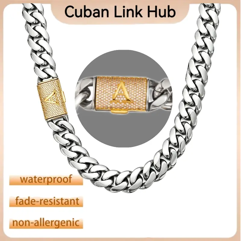 Personalized A-Z Letter Diamond Cuban Chain Necklace, Hip Hop Jewellery with Layered Gold Chains, Low Allergy Risk for Sensitive Skin, Waterproof, Sun-Resistant, Ideal for Everyday Wear, Parties, Chunky Gold Jewelry Style