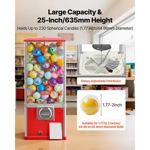 VEVOR Gumball Machine for Kids, 25 Height Home Vending Machine, PS Bouncy Balls Dispenser, Hold 230 Capsule Toys, Rectangle Bubble Gum Machine for Game Stores, Coin Operated Gumball Bank, Red