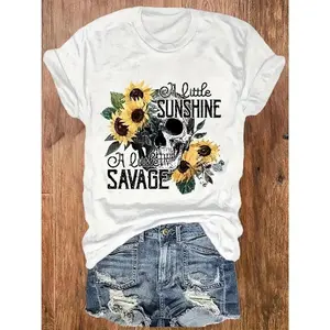Women's Skull & Sunflower Graphic T-Shirt - "A Little Sunshine A Little Savage" Casual Short Sleeve Round Neck Tee, Machine Washable All-Season Top, Halloween Clothes, Seasonal Casualwear, Bold Print Tee