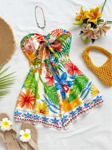 Women's Summer Dress, Blue Watercolor Print Off-Shoulder Sleeveless Romper, Loose Fit, Perfect for Vacation, Date, Valentine's Day, Party, Boho Casual Comfy