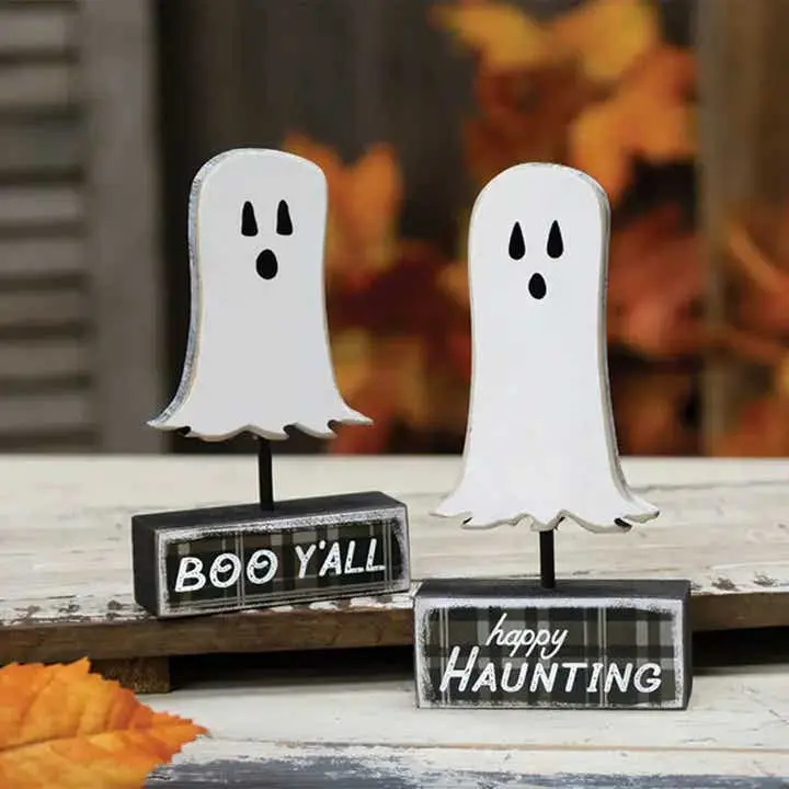 Happy Haunting Halloween Ghost Pedestal Set - Wooden Spooky Figurines, Statues & Bobbleheads, Riser Shelf Accents for Home Decor, Room Decor Displays