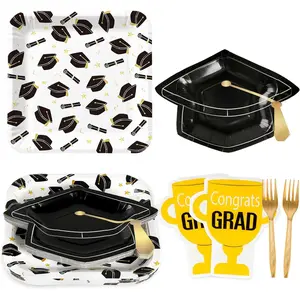 Graduation Party Supplies Tableware Set,100 Pcs Black Grad Cap-Shaped Square Paper Plates and Trophy Napkins Forks for Class of 2026 College High School Congrats Graduation Party Decorations, Serve 25