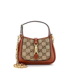 Pre-owned GUCCI Canvas Plain, Crystal Shoulder Bags Jackie 1961 Chain Hobo Crystal Embellished GG Canvas Mini by Rebag