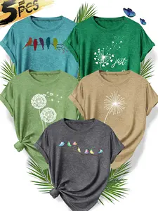 Women's 5Pcs Crew Neck T-Shirt, Dandelion & Branch Bird Combo Print, Multiple Colors Available, Machine Washable, Spring & Summer Tops, Soft Skin-Friendly Fabric, Daily Versatile, Fashion Design
