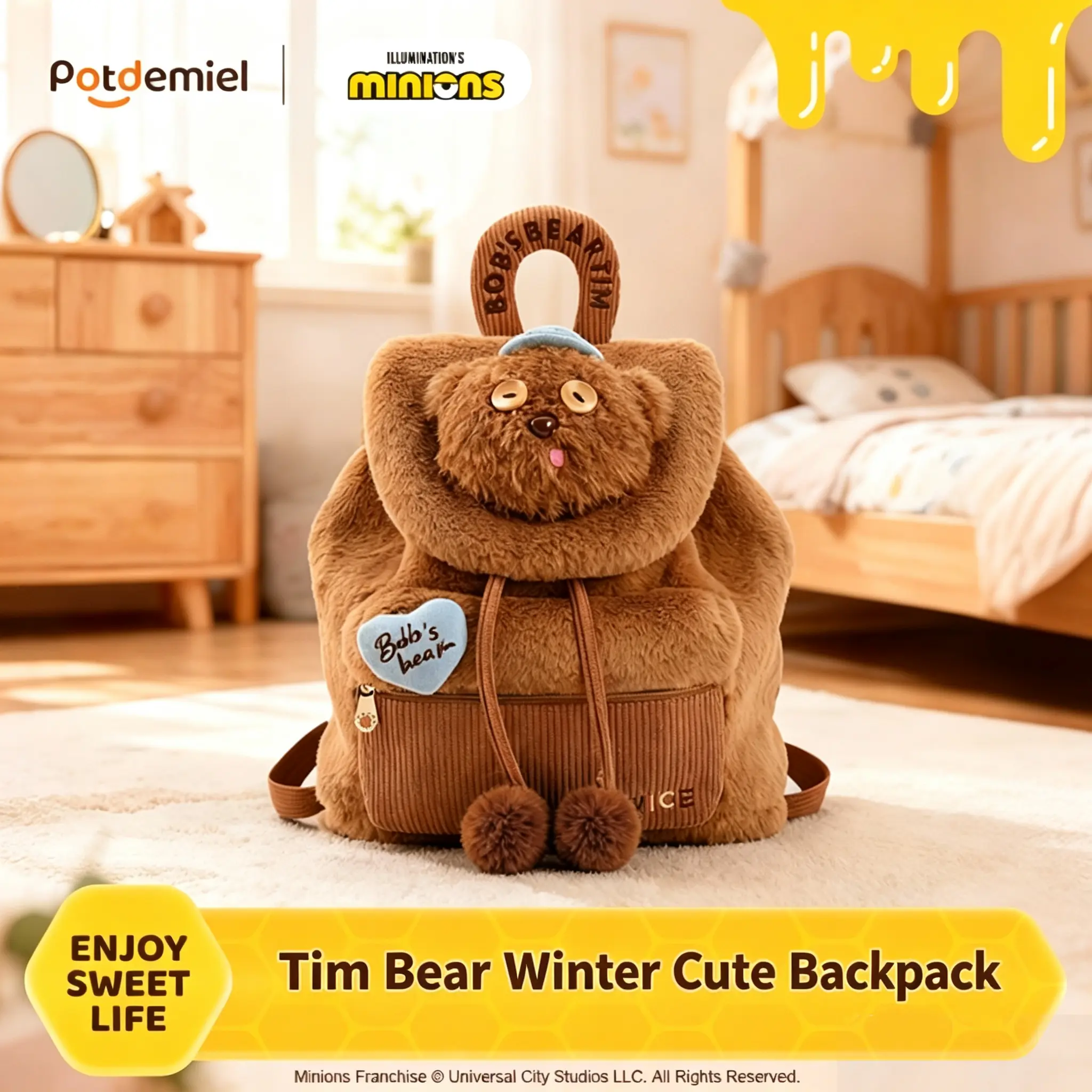 MINISO x Minions Tim Bear Winter Plush Mini Backpack | Cute Soft Bookbag for Kids, School, Travel & Everyday Use